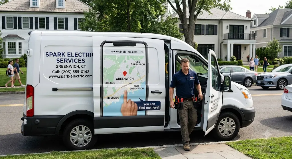 Electrician's van in Greenwich Connecticut with a Tangle-me map pin