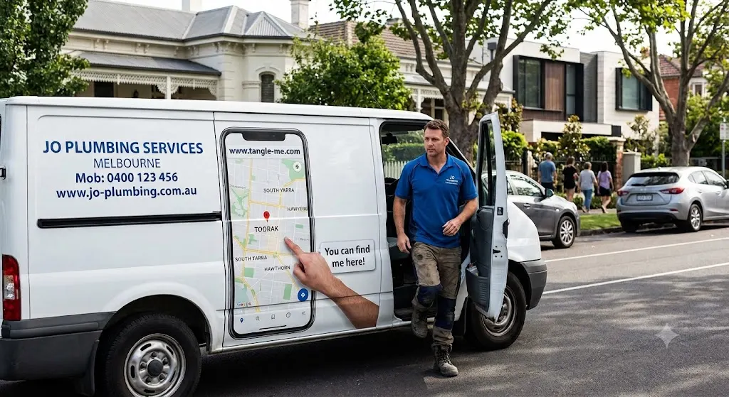 Plumber's van in Melbourne with a Tangle-me map pin showing where to find him