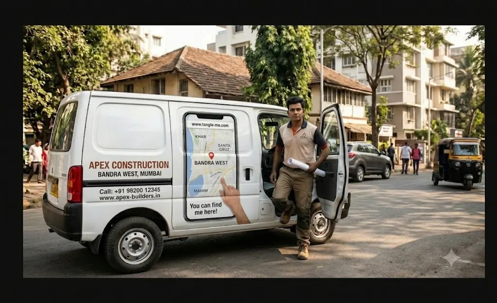 Construction company van in Mumbai with a Tangle-me location pin