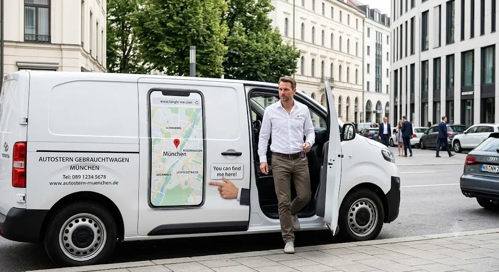 Used car dealer's van in Munich with a Tangle-me map pin