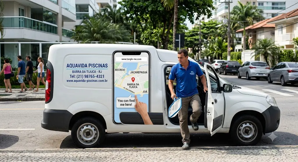 Pool service van in Rio de Janeiro with a Tangle-me location pin