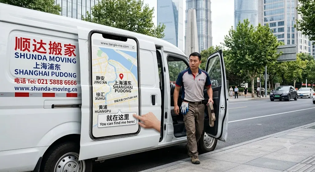 Moving company van in Shanghai with a Tangle-me pin — 就在这里